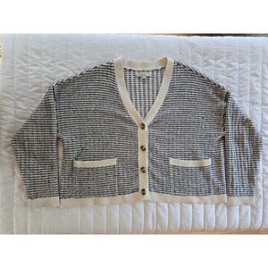 LOFT Women’s Size Large Knit Cardigan Sweater Black White Striped Pocket V-Neck